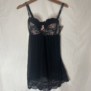 Adore Me Lingerie Babydoll Sz 32C Black Lace Floral Underwire Push-Up Honeymoon